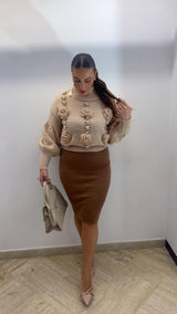 Gonna in lana a tubino tabacco