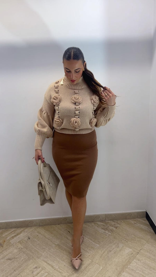 Gonna in lana a tubino tabacco